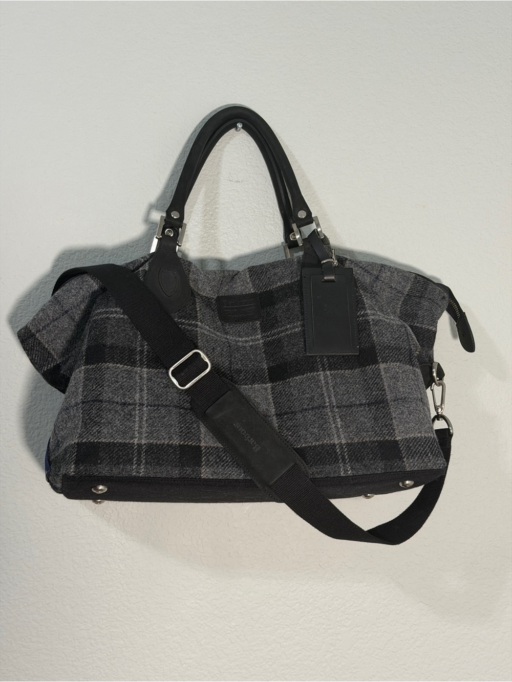 Barbour Shadow Tartan Explorer Gray Plaid Weekender Bag with Black Leather Trim